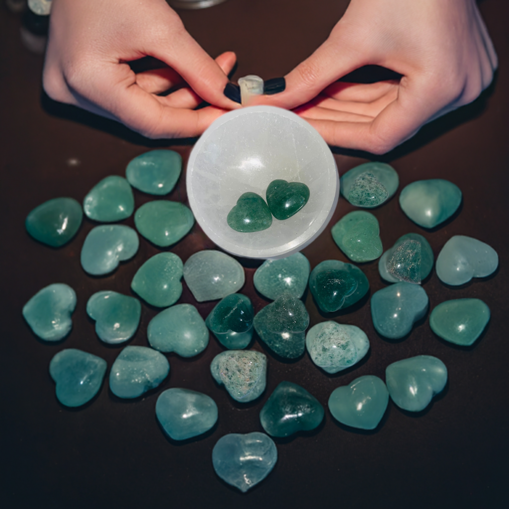 Aventurine hearts carved